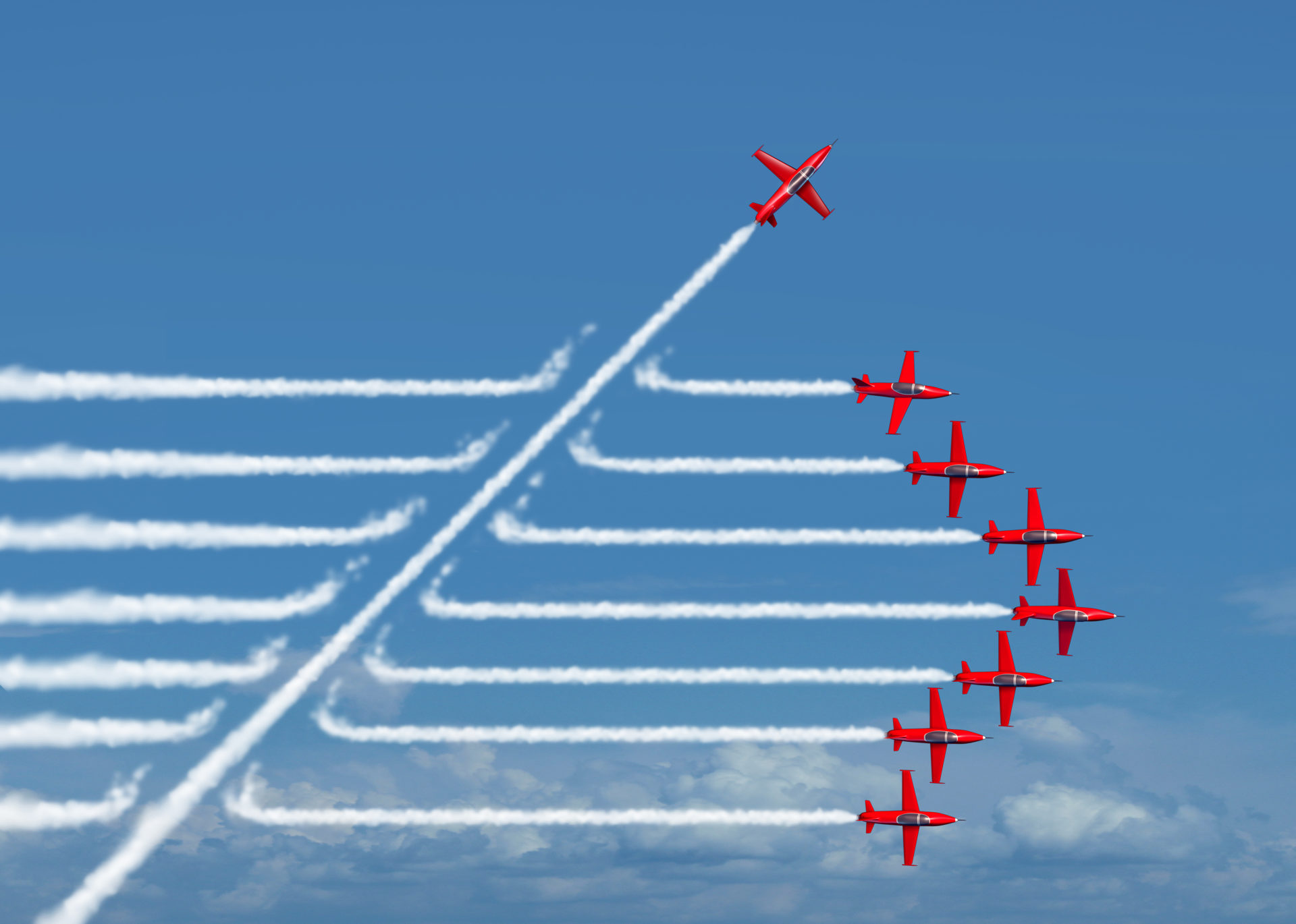 Game changer business or political change concept and disruptive innovation symbol and be an independent thinker with new industry ideas as an individual jet breaking through a group of airplane smoke as a metaphor for defiant leadership.
