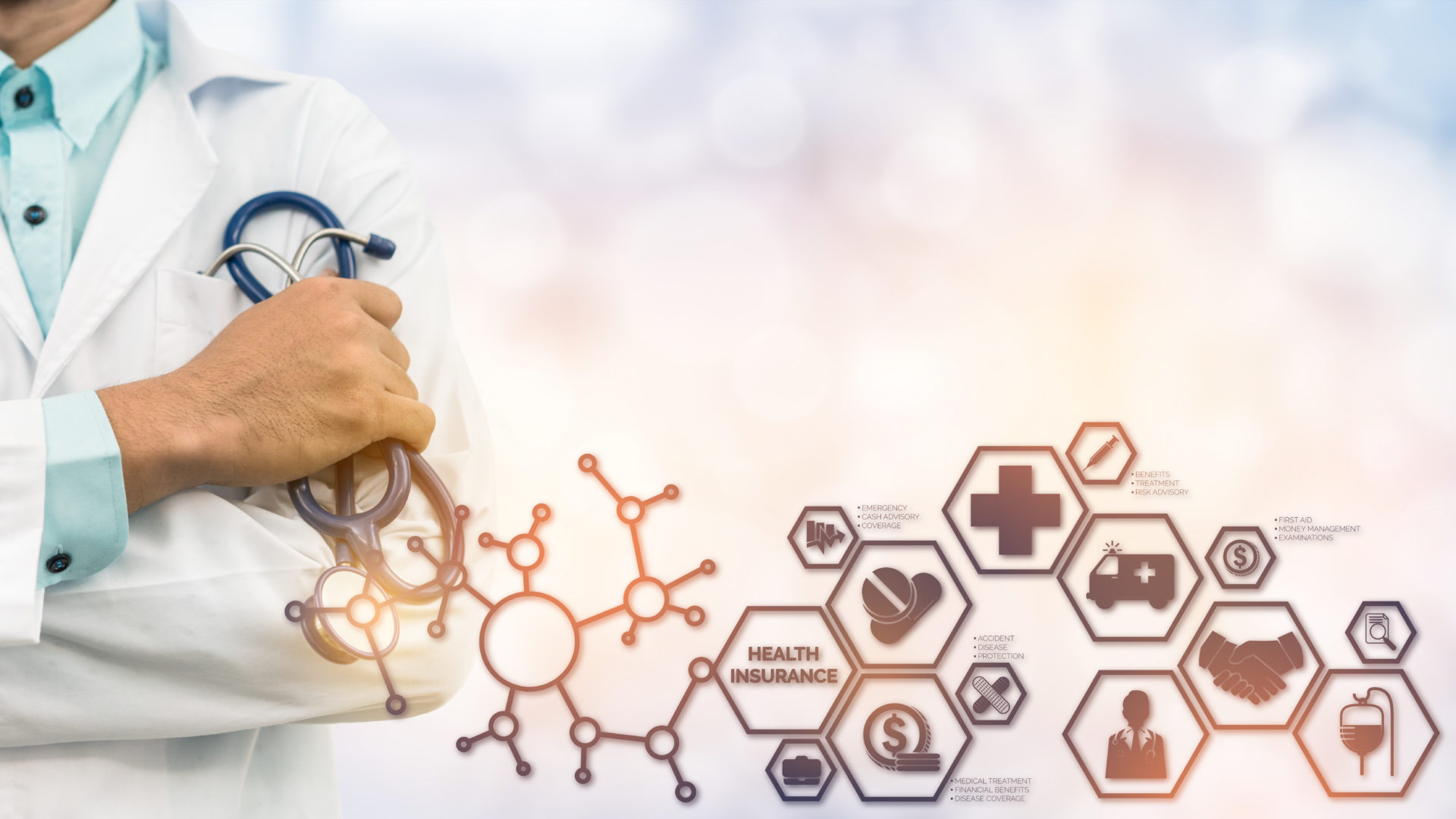 Health Insurance Concept - Doctor in hospital with health insurance related icons in modern graphic interface showing symbol of healthcare person, money saving, medical treatment and benefits.